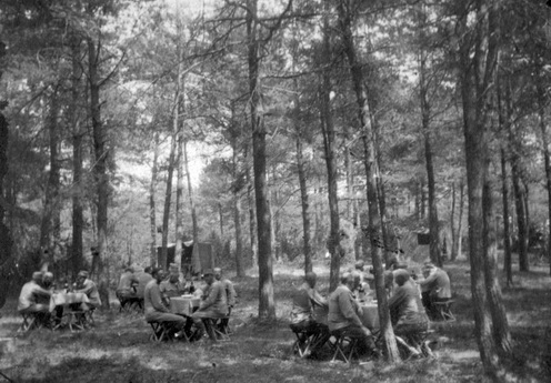 „Ebéd a dabrowkai erdőben, háttérben a szállásaink, 1915. július 10.”