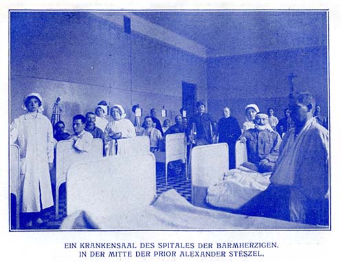 Az irgalmasrendi szerzetesek kórházának egyik kórterme sebesült katonákkal német nyelvű zsebkönyvben