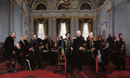 Anton von Werner festménye a berlini kongresszusról, a kép középvonalában Andrássy Gyula, az Osztrák–Magyar Monarchia közös külügyminisztere, Otto von Bismarck német kancellár és Pjotr Suvalov orosz külügyminiszter találkozója 1878. július 13-án