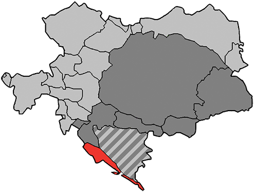 Dalmácia a Habsburg Monarchiában (a csíkozott terület Bosznia-Hercegovina)