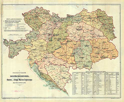 Az Osztrák–Magyar Monarchia hadserege és haditengerészete, hadkiegészítő kerületeinek áttekintő térképe 1910 körül