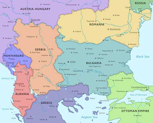 A Balkán egy angol nyelvű térképen, amelyen jól érzékelhető Belgrád közelsége az Osztrák–Magyar Monarchiához
