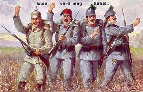 Olaszellenes képeslap az első világháborúból a központi hatalmak katonáinak rajzával