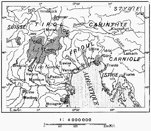 Irredenta Itália egy 1905-ben megjelent francia térképen – a vonalazott osztrák–magyar területeken élt számottevő olasz kisebbség