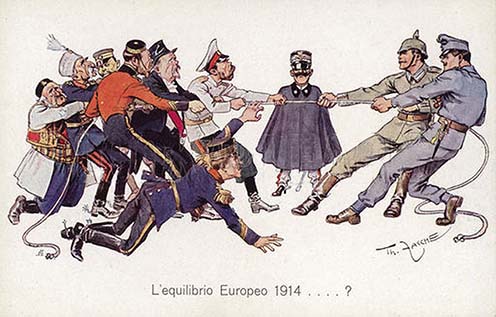 Európai egyensúly 1914-ben…? – Olasz karikatúra a bal oldalon álló antant és a jobb oldalon álló központi hatalmak képviselői közötti kötélhúzásról, amelyben középen III. Viktor Emánuel olasz király a döntőbíró