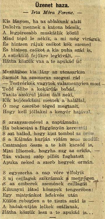 Móra Ferenc költeménye a Szegedi Napló 1914. augusztus 6-ai számában jelent meg