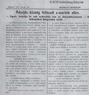 A Szegeden megjelenő Délmagyarország 1919. január 22-ei tudósítása az adorjáni eseményekről