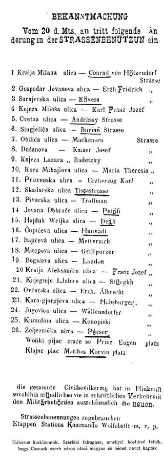 A csacsaki utcanevek listája