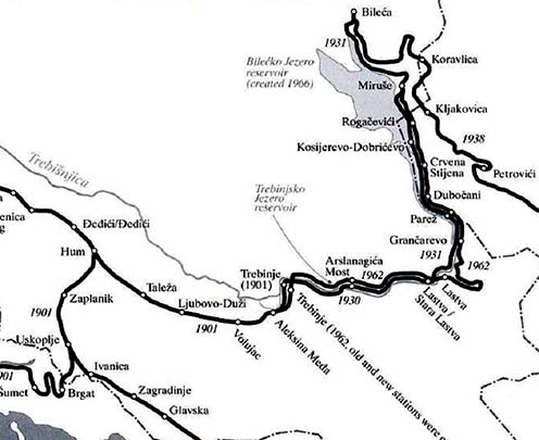 A Hum–Trebinje–Bileća vasútvonal térképe