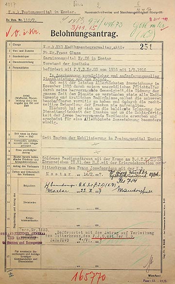 Glass Ferenc gyógyszerügyi gondnok kitüntetési javaslata 1917-ből