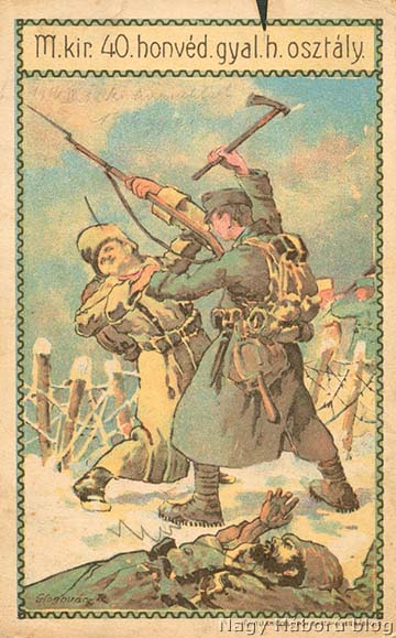 A m. kir. 40. gyaloghadosztály képeslapja: a fokos használat közben