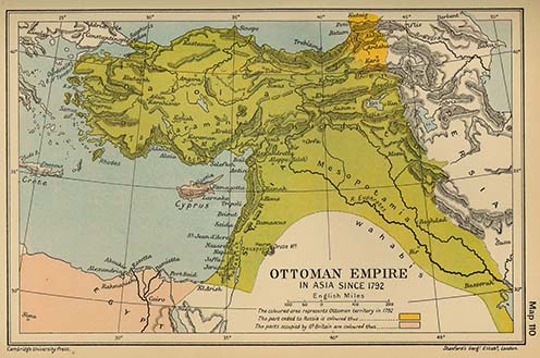 Az Oszmán Birodalom a világháború előtt. Délkeletre Mezopotámia, délnyugatra a Földközi tenger partján Gáza városa