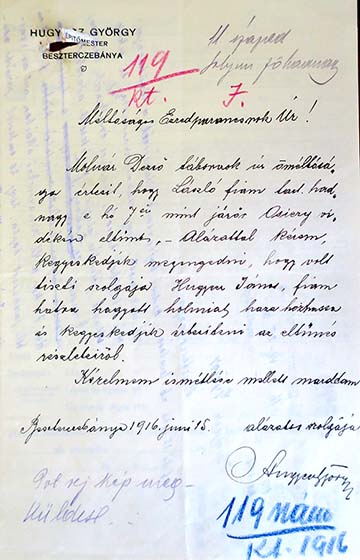 Hugyecz György 1916. június 15-én írt levele