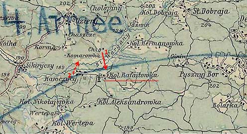 Az 1916. június 7-ei események helyszínét jelölő térképvázlaton jelölve: 1. = a járőr útja, 2. = orosz támadás iránya délelőtt 11-kor