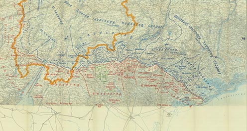 Kölcsönös harctéri helyzet a délnyugati hadszíntéren 1918. június 15-én, az olasz XXV. hadtest jelölése Velence és Mestre fölött látható