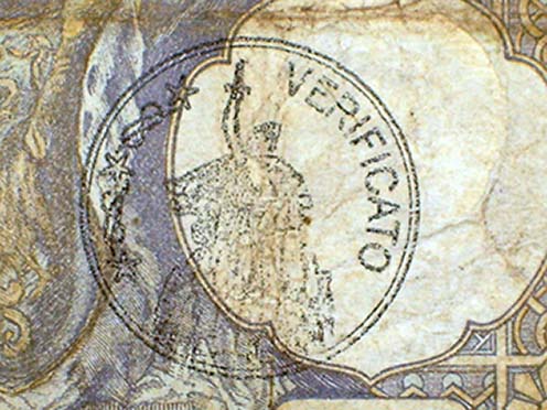 Olasz felülbélyegzés, amely a bankjegy valódiságát tanúsította. A bélyegző amúgy valószínűleg hamisítvány