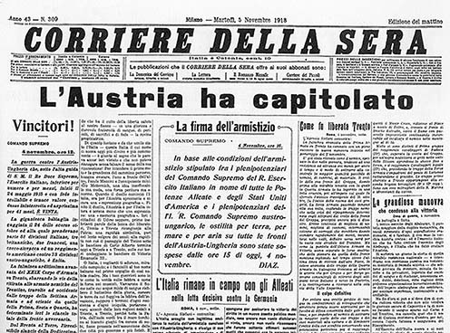 Az Osztrák-Magyar Monarchia kapitulációjáról szóló hírek a Corriere della Sera címlapján