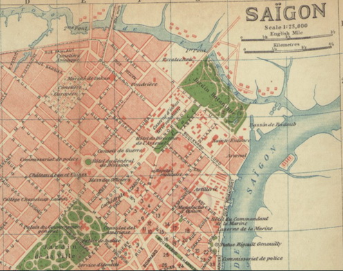 Saigon térképe, amelyen északkeleten látható a kaszárnya, mellette az állatkert (botanikus kert), a másik park északkeleti szélén a katedrális