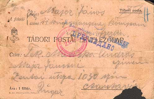 Major Jánosnak a niši hadifogolytáborból 1914. december 17-én írt lapja
