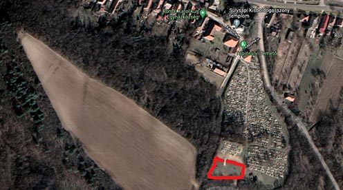 A temető feltételezhető helye Google maps műholdfelvételen piros kerettel jelölve