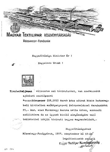A Magyar Textilipar Rt. levele 1916-ból