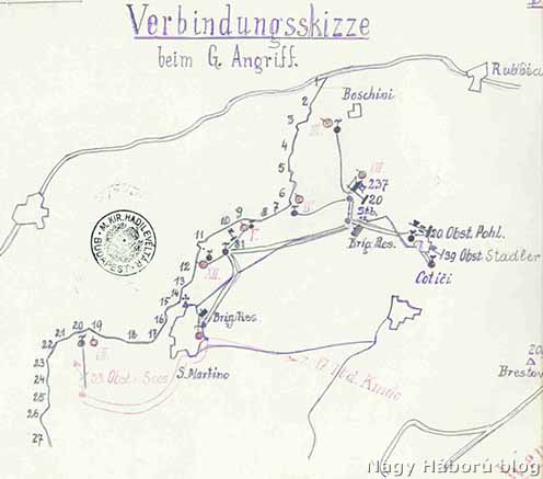 A gáztámadás tervezett helyszíne a védőszakaszokkal 1916 tavaszán. A párhuzamos csík az Isonzó vonala
