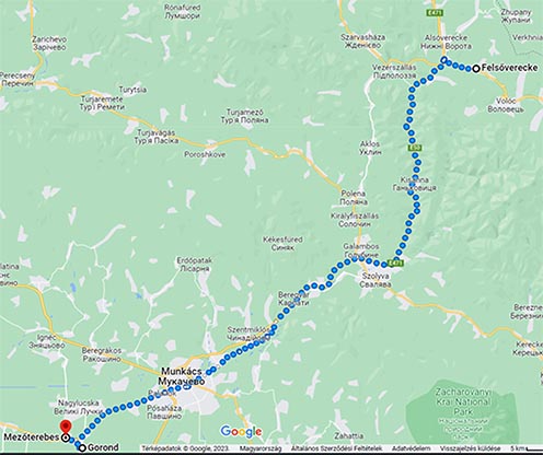 Az ukrán önkéntesek útja Google térképen a kiképzőtáborokból a Vereckei-hágó felé