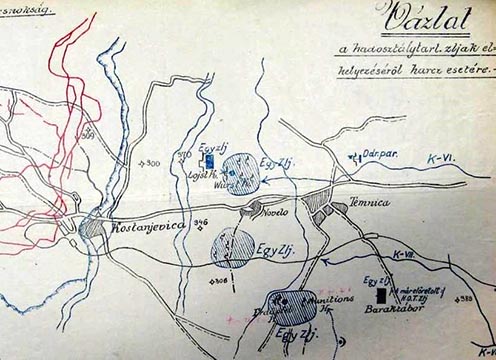 Védővonalak és hadosztály-tartalékok elhelyezése Kostanjevica mögött harc esetén egy 1917-es vázlaton
