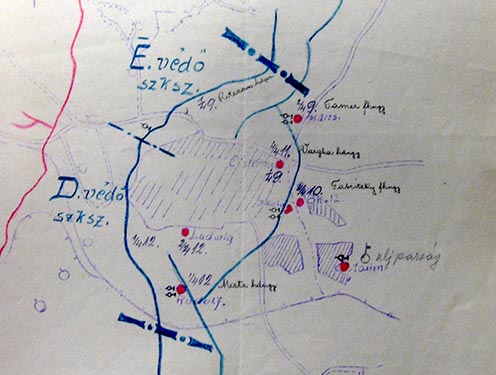 A 31/III. zászlóalj elhelyezkedése az Északi (26) és a Déli (27) védőszakaszokban, és a dolinákban, 1917. május 22-én