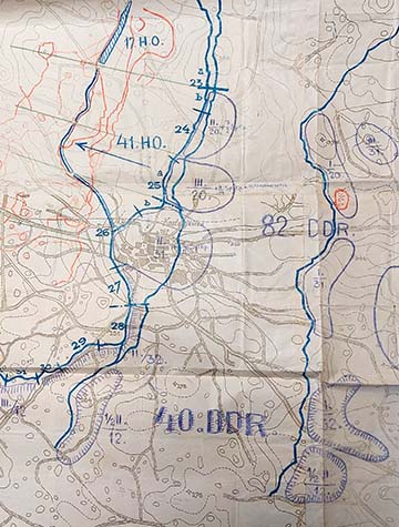 A m. kir. 41. honvéd gyaloghadosztály állásai Kostanjevica térségében 1917 májusában. Az alakulat kötelékében a m. kir. nagykanizsai 20., illetve veszprémi 31. honvéd gyalogezredek alkották a 82. gyalogdandárt, míg a m. kir. szatmári 12. és dési 32. gyalogezredek a 40. gyalogdandárt. A hadosztály parancsnoka ekkor Schamschula Rezső altábornagy volt