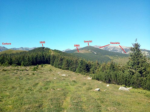 A Cozma 1845 méteres magaslata. A fenyves csúcstól balra látszik a Custura irányába mutató nyúlvány