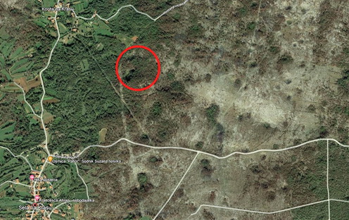Az egykori Sternkuppe magaslat helye Sela na Krasu közelében mai műholdas térképen