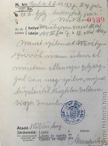 1915. május 6-án délután 7 óra 10 perckor kelt huszár járőr jelentés a Weretyszow orosz megszállásáról