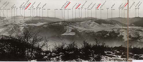 Tájékozódási körfénykép Col del Gallo–Passubio között, 1918. 01. 26. (részlet). Pirossal jelölve a posztban megemlített magaslatok és települések