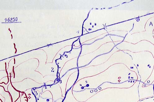 Az Isonzó alszakasz általános vázlata 1916 júliusában. A vázlaton jól látható, hogy hol törik meg a Biene 2 védelmi vonal nyugat felé. A töréspontban 3-as számmal egy, az előző vázlaton is jól kivehető, 50 főt befogadó kavernát jelölnek