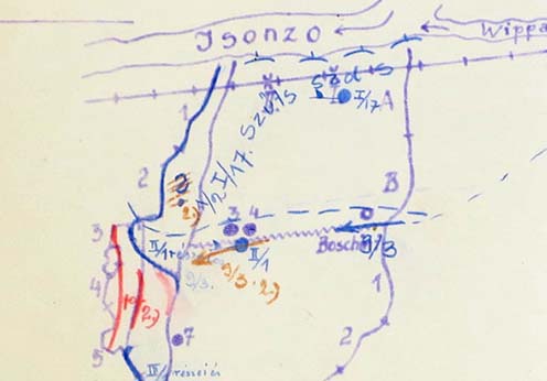 Helyzet 1916. augusztus 6-án az esti órákban. Pirossal jelölve az ellenség által elfoglalt magyar állások