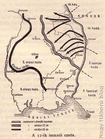 A 12. isonzói csata. Frontvonalak október 27-én és 30-án.