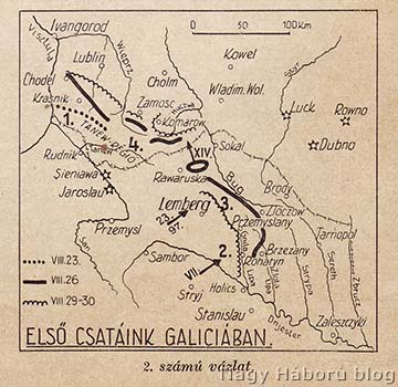 Áttekintő térkép az első galíciai összecsapásokról 1914 augusztusában