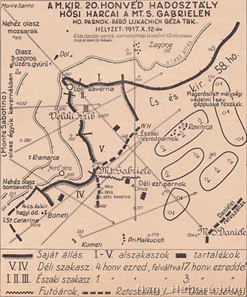 A 20. honvéd gyaloghadosztály helyzete a Monte San Gabrielén, 1917. október 12.