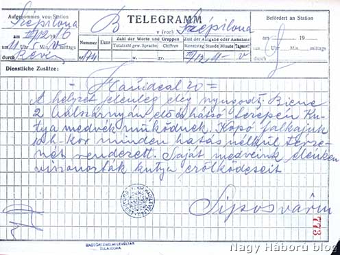 A magyar királyi 17. honvéd gyalogezred rejtjelezett jelentése