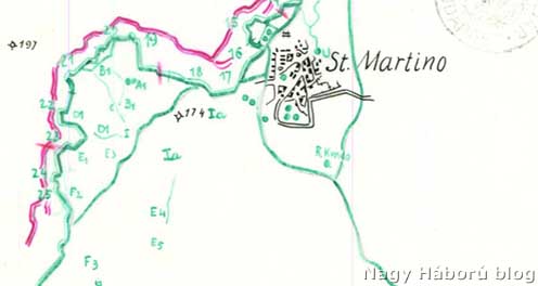 A San Martino del Carso településtől délnyugatra levő állások vázlata a 43-asok által védett és elvesztett védőszakaszokkal