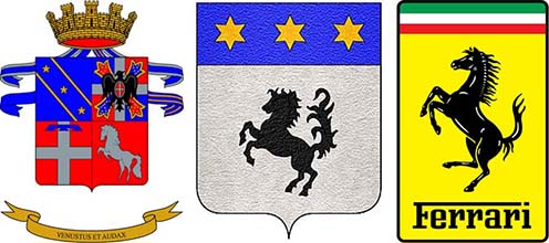 A piemonti lovasság-, Baracca címere és a Ferrari emblémája<br / >(Forrás: wikipedia.org)