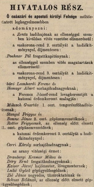 Részlet a Budapesti Közlöny 1915. évi 78. számából (1915. április 3.)