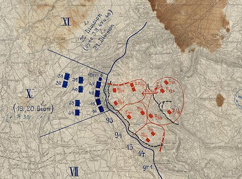 A védekező csapatok elhelyezkedése 1915 július elején. A vázlaton már láthatok a frissen érkezett ezredek is