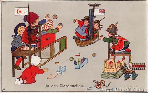 Mese gyermekeknek: osztrák–magyar hadihajó támadja a francia flottát a Dardanelláknál. Az Adriai és Földközi tenger angol blokádja miatt ez csak vágyálom volt, de a jobb alsó sarokban már bevetésre vár egy osztrák–magyar löveg…