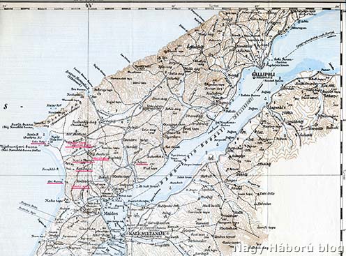A Gallipoli-félsziget északi része, rajta pirossal bejelölve a tanulmányunkban említett helység- és földrajzi nevek