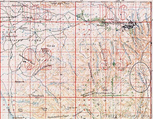 Korabeli angol katonai térkép, rajta bejelölve a Matikdere völgye, ahol a motoros mozsárüteg első állása volt