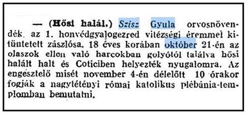 Szisz Gyula hadapród halálhíre a Budapest Hírlap 1915. november 1. számában