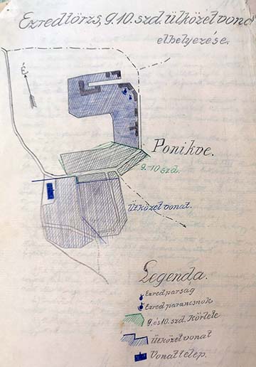 Az ezredtörzs, a 9., 10. század és az ütközetvonat elhelyezése Ponikvén 1917. január 21-én készült vázlaton