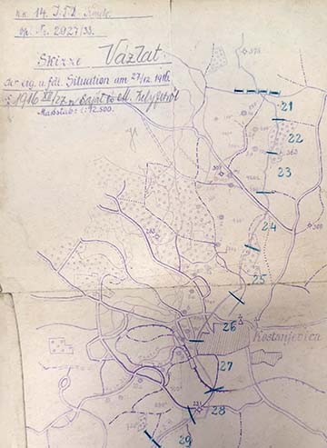A saját és ellenség helyzetét mutató 1916. december 27-én készített vázlat Kostanjevica környékéről a 21–29. védőszakaszokkal, amit a 41. honvéd hadosztály vett át 1917 februárjában